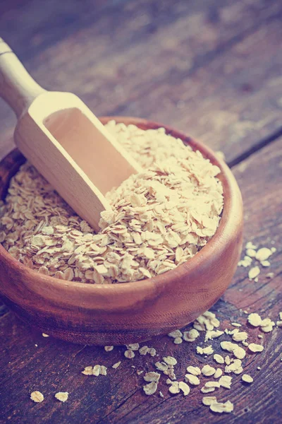 Bowl Oat Flakes Scoop Wooden Table — Stock Photo, Image