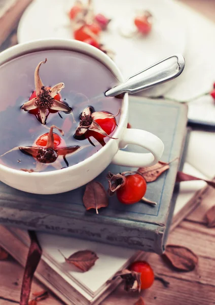 Closeup View Fresh Tea Cup Books — Stock Photo, Image