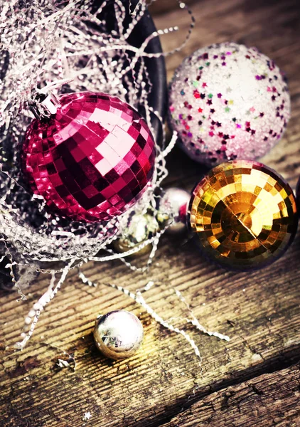 closeup view of colorful christmas decorations in vintage style