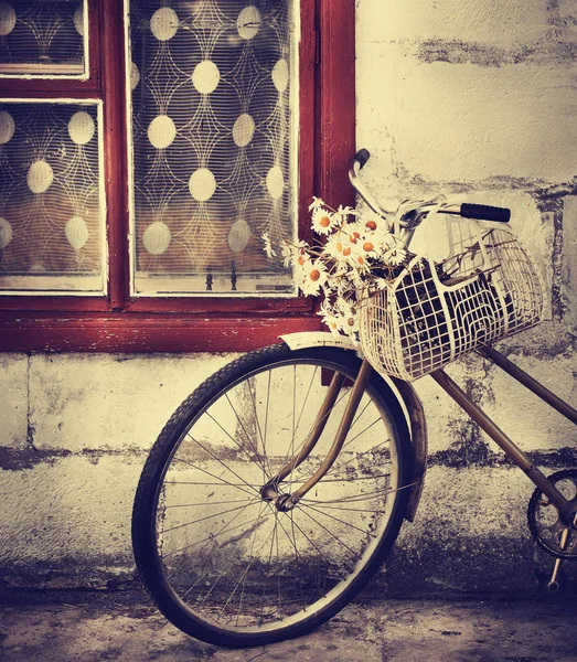 Vista Primer Plano Cesta Con Flores Manzanilla Colgando Bicicleta Vintage — Foto de Stock