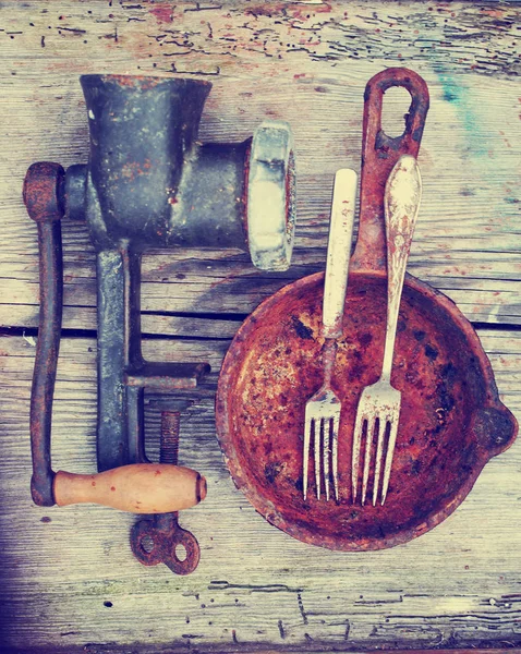 Vintage Kuchyňské Nádobí Rustikální Dřevěné Pozadí — Stock fotografie