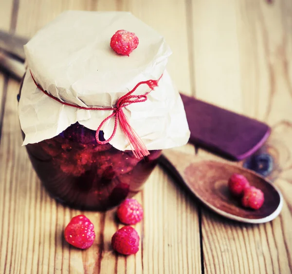 Seasonal Berry Jam Canned Jar Wooden Utensils Table — Stock Photo, Image