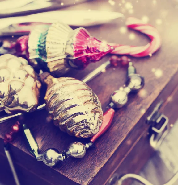 Glossing Christmas Ornaments Wooden Surface — Stock Photo, Image