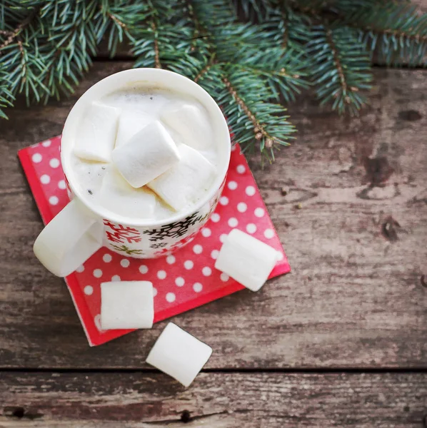 Closeup View Coffee Cup Marshmallows Christmas Decorations Wooden Table — Stock Photo, Image