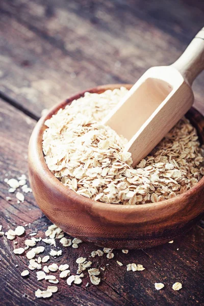 Bowl Oat Flakes Scoop Wooden Table — Stock Photo, Image