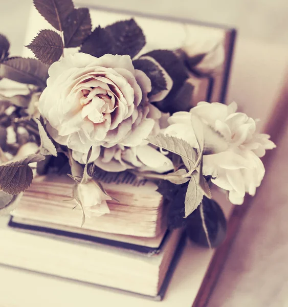 Rosas Peonía Rosa Viejos Libros Abiertos Apilados — Foto de Stock