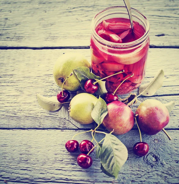 Closeup View Jar Jam Fruits Wooden Table — Stock Photo, Image