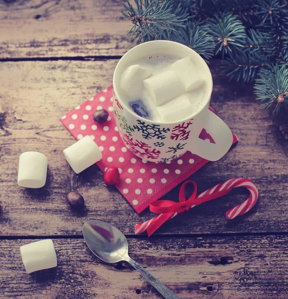 Closeup View Coffee Cup Marshmallows Christmas Decorations Wooden Table — Stock Photo, Image
