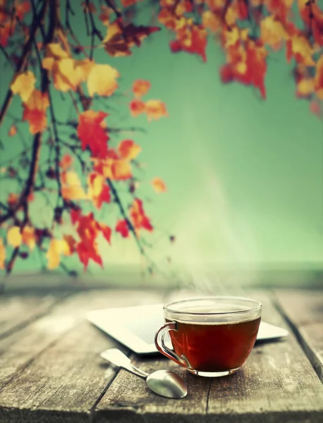 Cup Tea Tablet Wooden Table — Stock Photo, Image