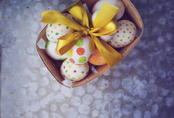 Closeup View Funky Colorful Painted Easter Eggs Basket — Stock Photo, Image