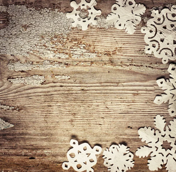 Top View Christmas Background Snowflakes Wooden Table — Stock Photo, Image