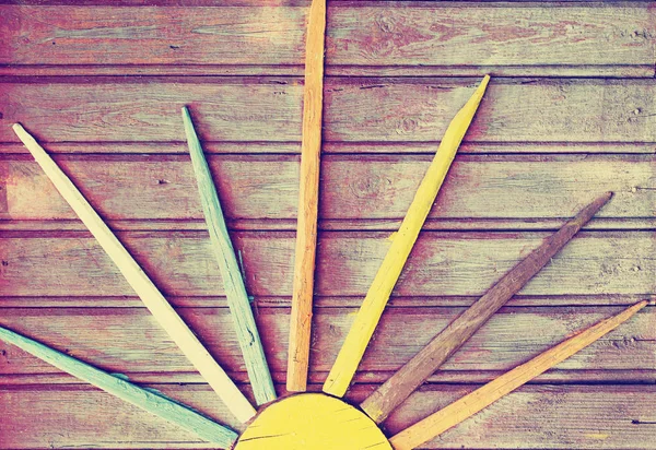 Colorful Sun Ornament Rustic Wooden Wall — Stock Photo, Image