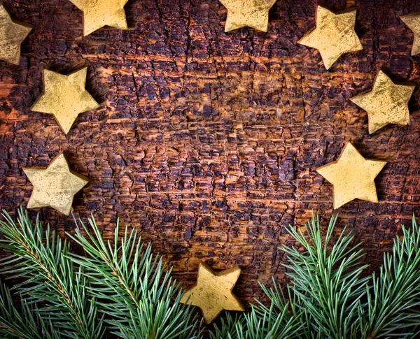 Fir Branches Christmas Decorative Stars Wooden Background — Stock Photo, Image