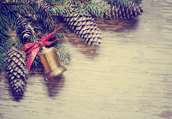 Closeup View Pine Cones Bells Christmas Decorations Vintage Style — Stock Photo, Image