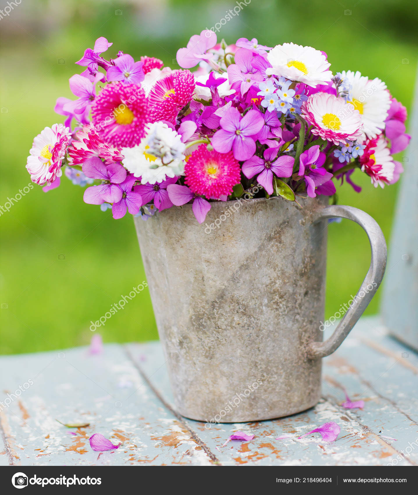 Bouquet Fresh Cut Wild Flowers Metal Pot Shabby Wooden Table Stock Photo Image By C Avgustin 218496404