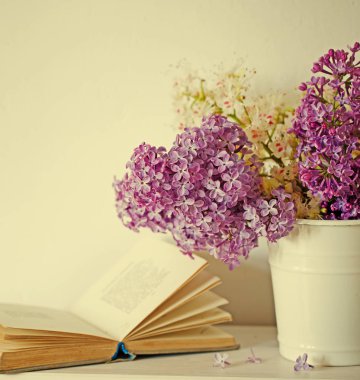 Lila ile vazoda taze dalları masada Defteri'ni