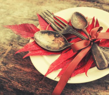 sonbahar yaprakları ve dishware ahşap masa üzerinde plaka closeup görünümü