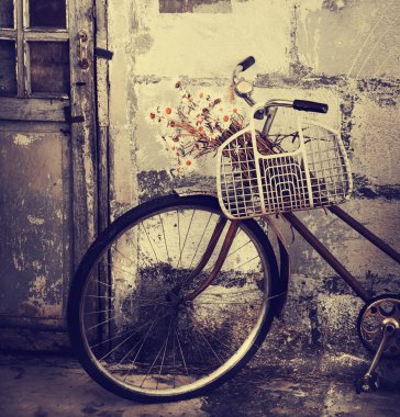 closeup görünümü sepeti vintage bisiklet üzerinde asılı papatya çiçeği ile