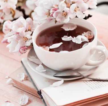 closeup görünümü taze çay Kupası kitap ve ahşap masa üzerinde otlar ile