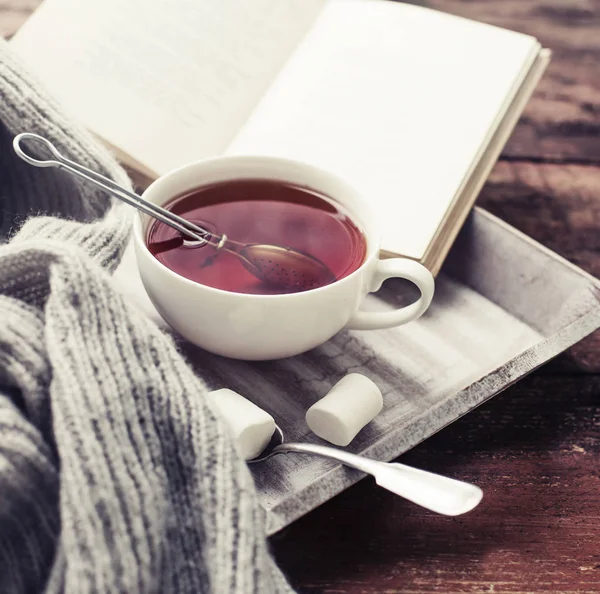 Cup Hot Tea Book Wooden Surface — Stock Photo, Image