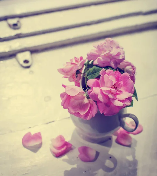 Pink Peony Roses White Pot Windowsill — Stock Photo, Image