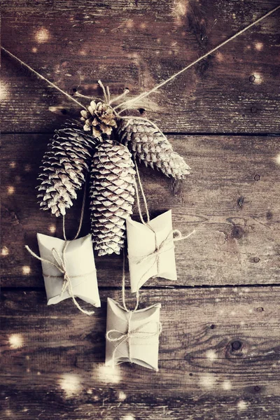 Closeup View Pine Cones Rope Wooden Background Christmas Concept — Stock Photo, Image