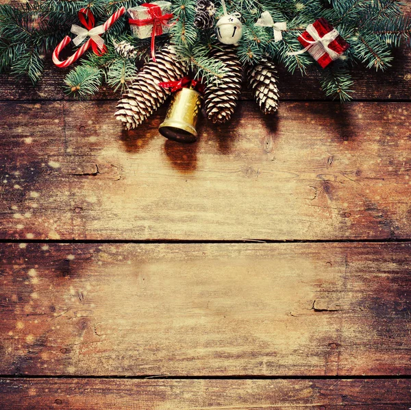 Closeup View Pine Cones Fir Tree Branches Wooden Background Christmas — Stock Photo, Image