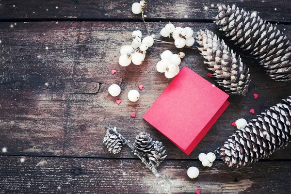 Empty Red Greeting Card Pine Cones Wooden Background — Stock Photo, Image