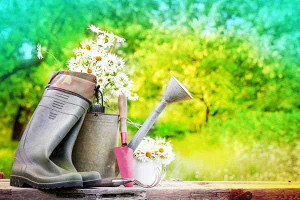 closeup view of old garden tools on table