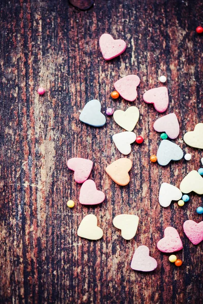 Barevné Romantické Srdce Dřevěné Pozadí — Stock fotografie