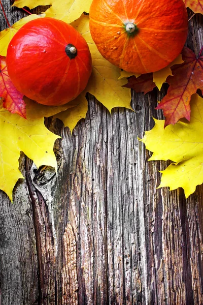 Top View Autumn Leaves Placed Heap Pumpkins Wooden Table — Stock Photo, Image