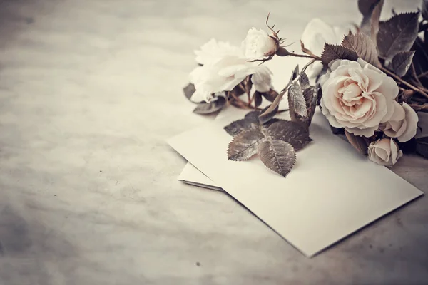 Weiße Rosen Auf Leerem Papier Vintage Farben — Stockfoto