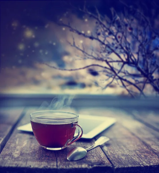 Чашка Чая Табличкой Деревянном Столе — стоковое фото
