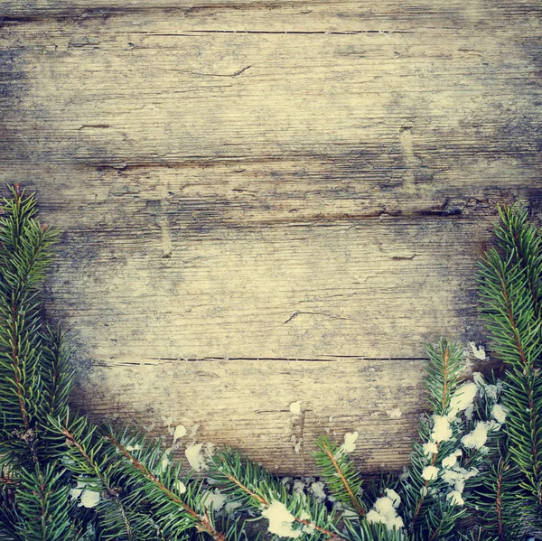 Top View Wooden Table Decorated Christmas Fir Tree Branches — Stock Photo, Image