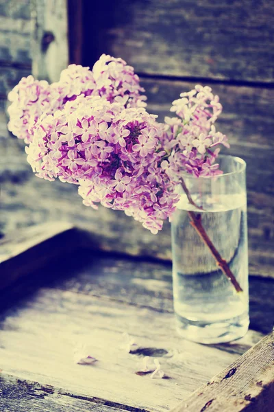 Fresh Pink Lilac Vase Wooden Background — Stock Photo, Image