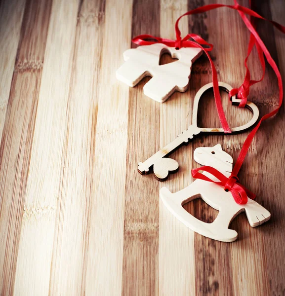 Closeup View Wooden Christmas Decorations Vintage Style Wooden Background — Stock Photo, Image