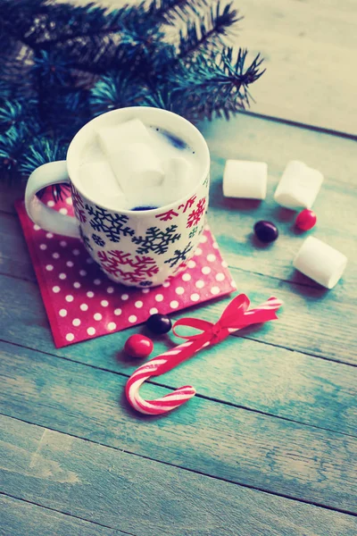 Closeup View Coffee Cup Marshmallows Christmas Decorations Wooden Table — Stock Photo, Image