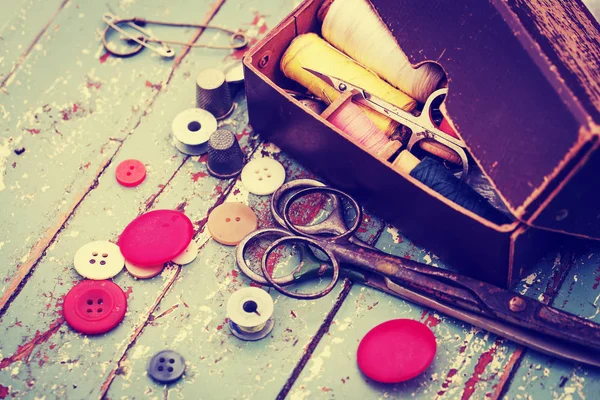 Vintage Sewing Tools Wooden Table — Stock Photo, Image