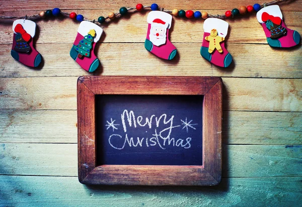 Closeup View Chalkboard Christmas Decorations Vintage Style — Stock Photo, Image