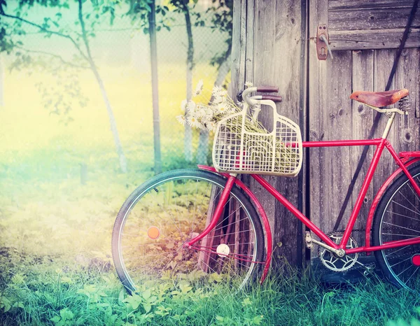 村でバスケットの花と赤い古い自転車 — ストック写真