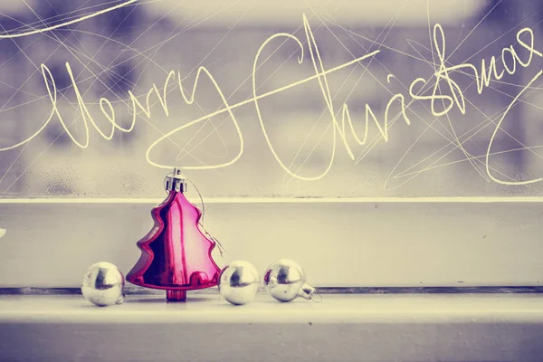 Closeup View Colorful Christmas Decorations Vintage Style Window Sill — Stock Photo, Image