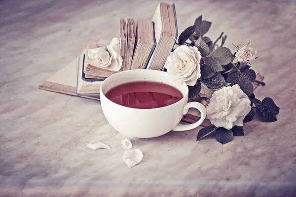 Cup Tea White Flowers Books — Stock Photo, Image