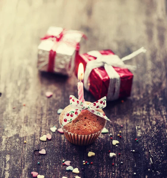 Vue Rapprochée Cupcake Avec Bougie Décorations Noël Colorées Dans Style — Photo