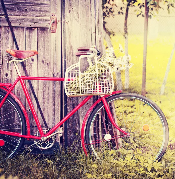 Bicicleta Roja Vieja Con Flores Cesta Pueblo — Foto de Stock