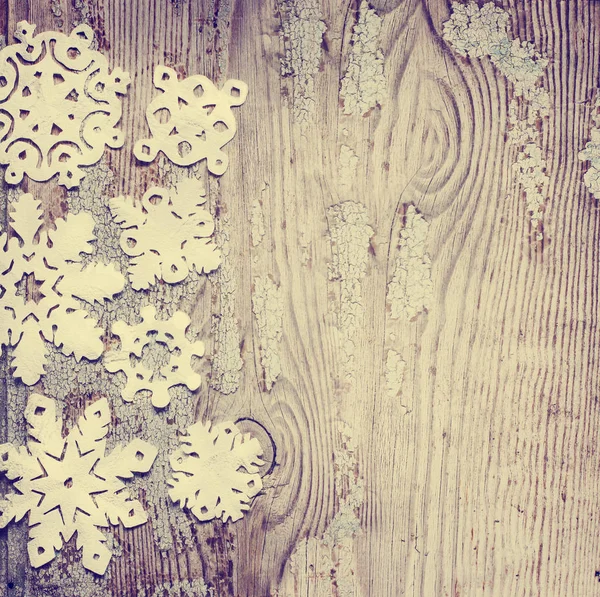 Top View Christmas Background Snowflakes Wooden Table — Stock Photo, Image