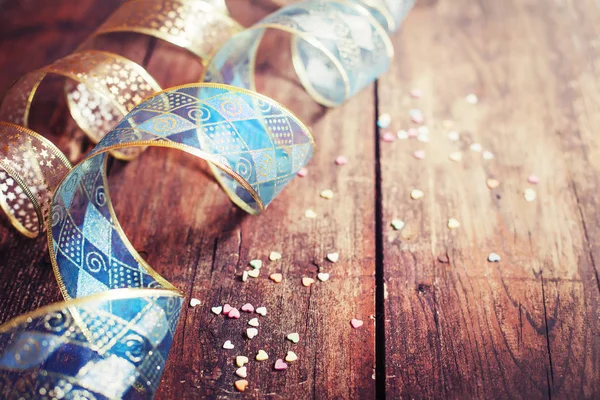 Closeup View Christmas Ribbons Holiday Decorations Wooden Background — Stock Photo, Image