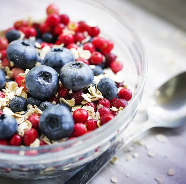 Closeup View Bowl Oatmeal Flakes Berries — Stock Photo, Image