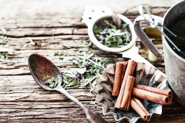 Closeup View Dry Tea Herbs Wooden Background — Stock Photo, Image