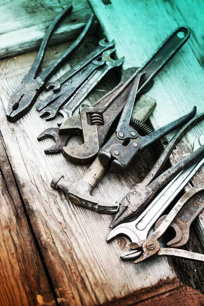 Set Old Rusty Hand Tools Wooden Table — Stock Photo, Image