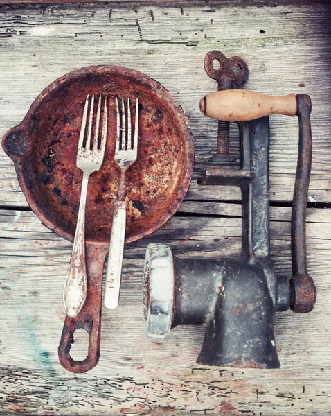 Utensílio Cozinha Vintage Fundo Madeira Rústica — Fotografia de Stock